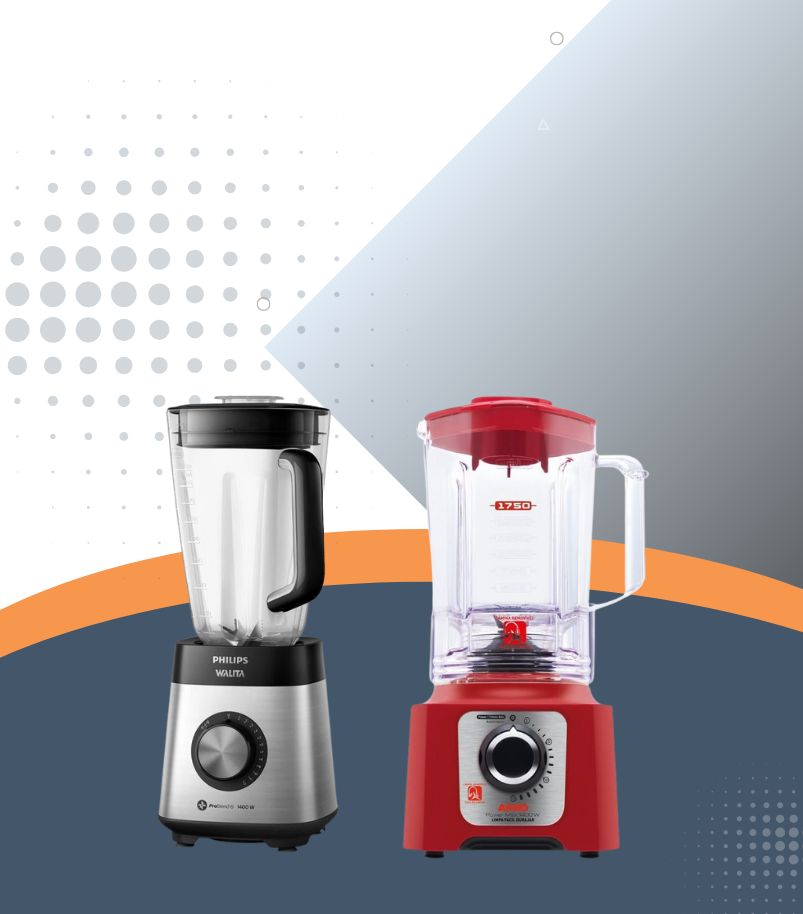Imagem comparativa de dois tipos de liquidificadores: à esquerda, um liquidificador Philips Walita de design moderno em aço inoxidável; à direita, um liquidificador Arno de alta capacidade (1,75L) na cor vermelha. A imagem ilustra a variedade de design e potência entre os modelos.