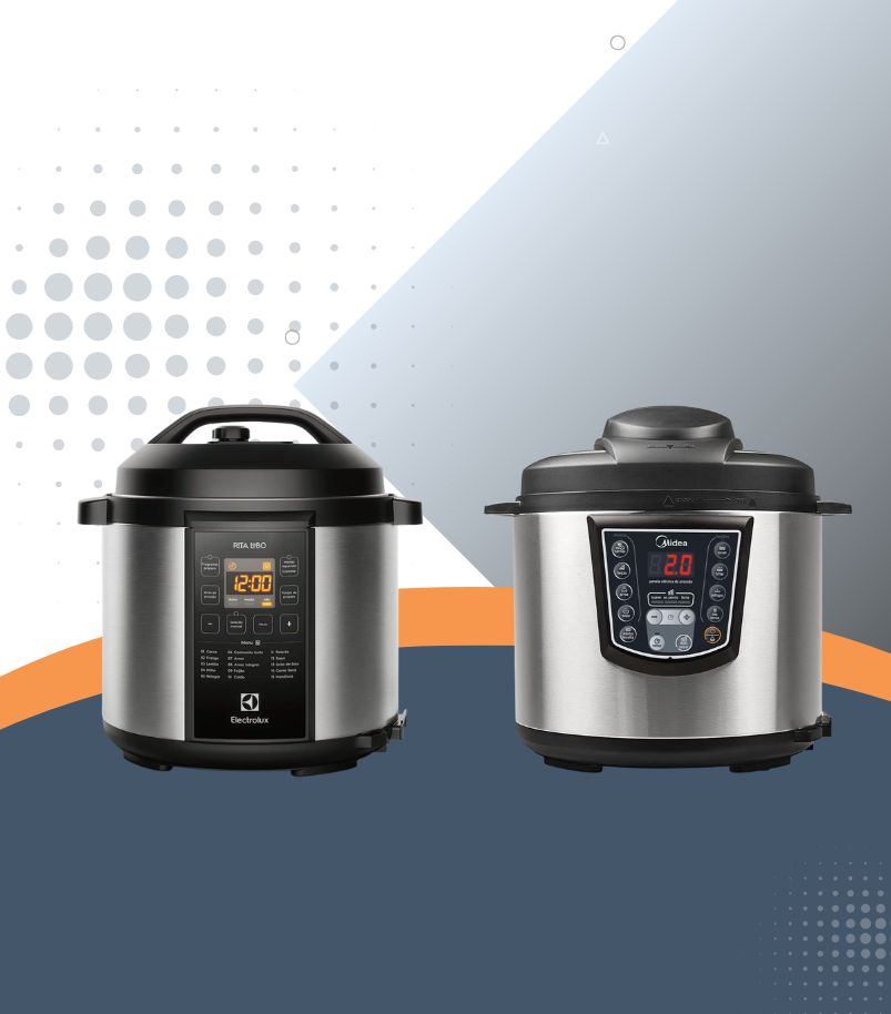 tipos-de-panelas-de-pressao-eletrica Imagem exibindo dois modelos de panelas de pressão elétricas de marcas diferentes (uma Electrolux e uma Midea). Ambas são em acabamento de aço inoxidável com painéis de controle digital e múltiplos programas de cozimento, ilustrando os tipos e modelos avançados disponíveis.