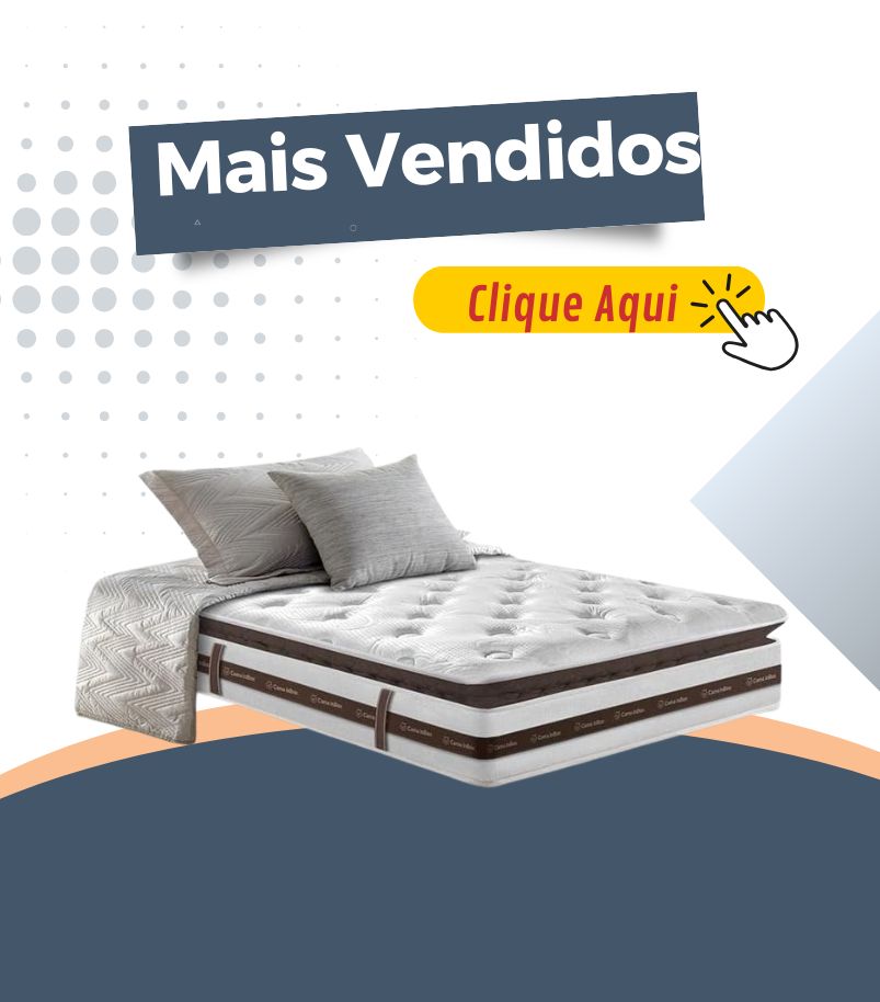 banner-colchao-solteiro-mais-vendidas Banner de promoção com um colchão de solteiro de cor branca e marrom, com dois travesseiros e uma manta cinza, com o título "Mais Vendidos" e um botão de ação "Clique Aqui".