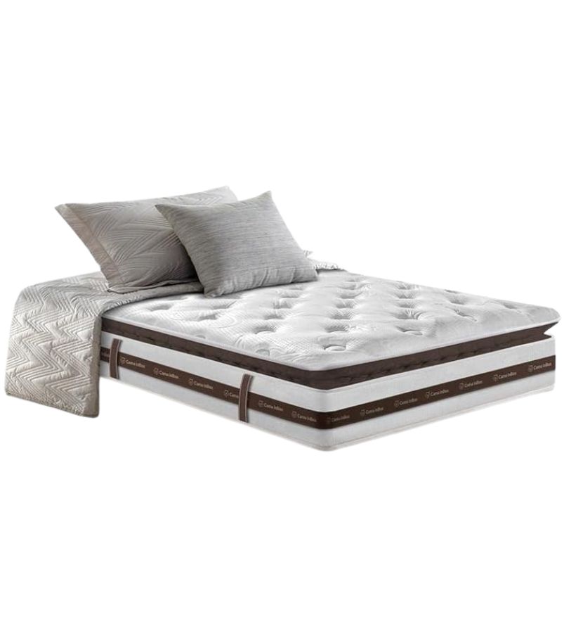 colchao-cama-Inbox-Mola-Ensacada Colchão de Mola Ensacada (Cama InBox) branco e marrom, com pillow top e dois travesseiros em cima.