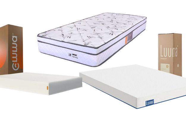 Seleção de colchões de solteiro e caixas de marcas conhecidas como Emma e Luuna. A imagem mostra diferentes modelos (híbrido, espuma e enrolado a vácuo) comparando opções para quem busca o melhor colchão de solteiro online.
