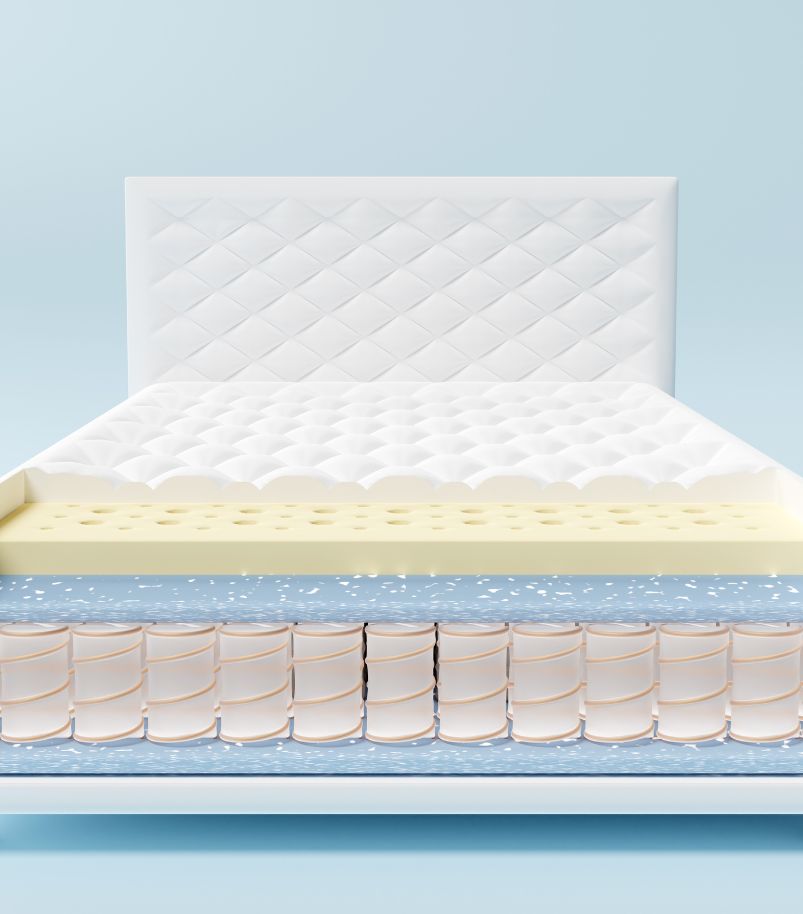 densidade-da-espuma-do-colchao Corte em 3D de um colchão de molas ensacadas individualmente, mostrando a composição interna de espuma e o suporte da base.