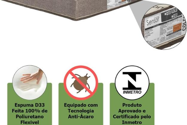 Detalhe de selos informativos sobre um colchão, mostrando que é um Colchão D33, feito com espuma de poliuretano, Anti-Ácaro e aprovado pelo INMETRO.