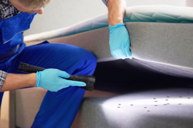 Técnico de controle de pragas, usando luvas azuis e segurando uma lanterna, inspecionando o estrado de um colchão em busca de percevejo de colchão ou percevejo de cama. Pequenos pontos escuros (fezes dos insetos) são visíveis na base.