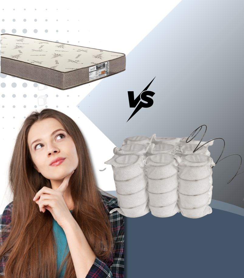 tipos-de-colchao-molas-ou-espuma Mulher pensativa comparando um colchão de solteiro com molas ensacadas (pocket). A imagem representa a dúvida comum ao escolher o melhor colchão de solteiro: Molas ou Espuma? A escolha depende da firmeza e do suporte ideal para um sono de qualidade.
