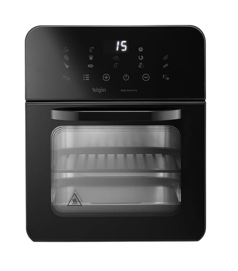 Air-Fryer-Elgin-10L Air fryer Elgin 10L preta, com design retangular e acabamento fosco. Possui painel digital touch frontal exibindo tempo de 15 minutos e ícones de funções. Conta com porta de vidro transparente e grelhas internas visíveis.