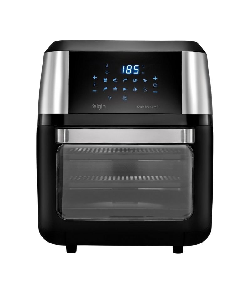 Air-Fryer-Elgin-12L Air fryer Elgin 12L preta, com design retangular e detalhes laterais em inox. Possui painel digital touch aceso mostrando 185 °C, com ícones de funções visíveis. Conta com porta frontal de vidro transparente e grelhas internas, permitindo visualizar o interior.