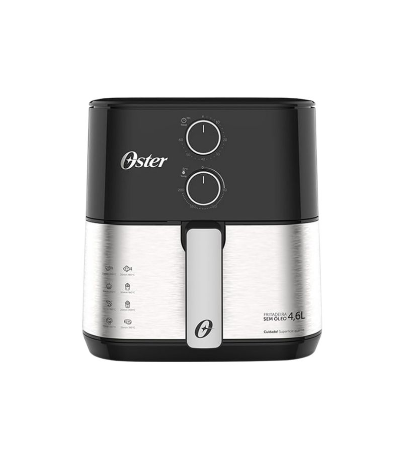 Air-Fryer-Oster-OFRT520 Fritadeira sem óleo Oster OFRT520 preta, com acabamento em inox escovado na parte frontal. Possui dois botões giratórios para controle manual de tempo e temperatura. Conta com gaveta frontal removível com puxador central e indicação de capacidade de 4,6 litros.