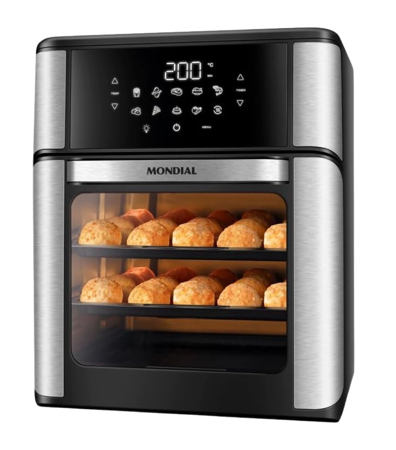 Air-Fryer-Oven-Mondial-AFON-12L-BI Air fryer oven Mondial AFON 12L BI na cor preta, com painel digital touch iluminado na parte superior. Possui porta frontal de vidro transparente com puxador metálico e interior com duas grelhas visíveis. Acabamento fosco com logo Mondial na parte inferior.