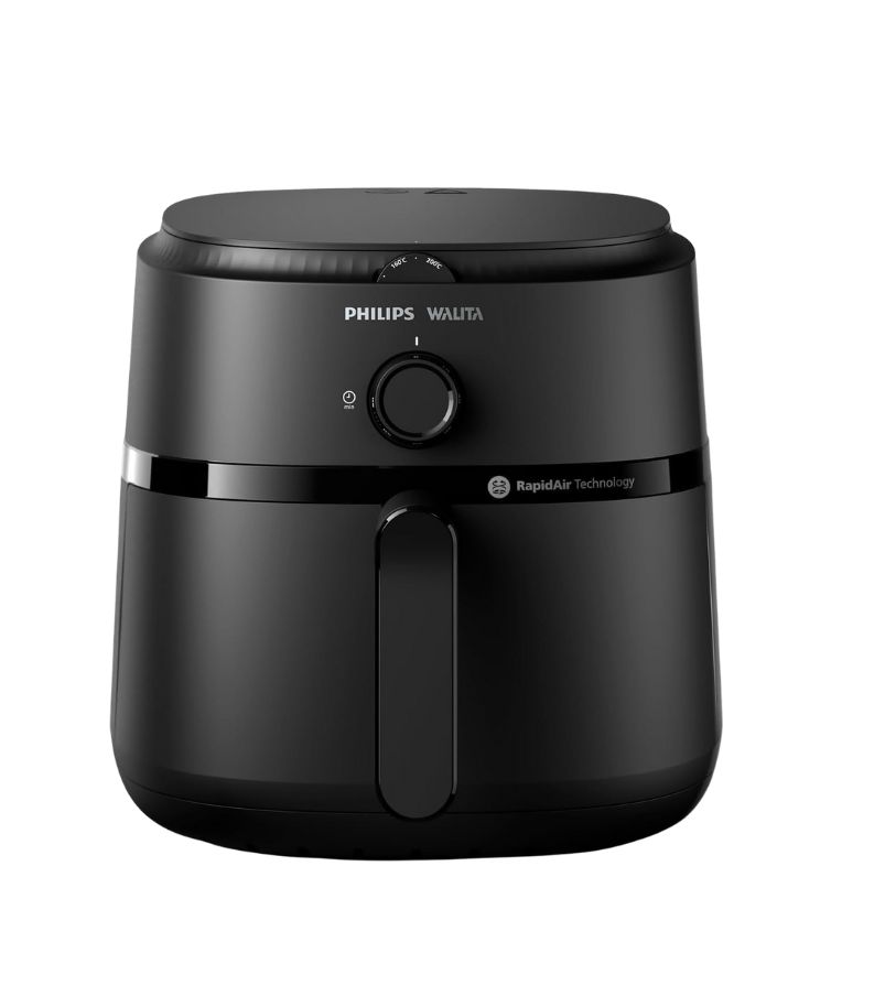 Air-Fryer-Philips-Walita-1000XL Fritadeira Airfryer Philips Walita Série 1000 XL 6,2 litros na cor preta, com design arredondado e acabamento fosco. Possui painel digital touch na parte superior com ícones iluminados e gaveta frontal com puxador largo. Base estável e estrutura sem visor de vidro.