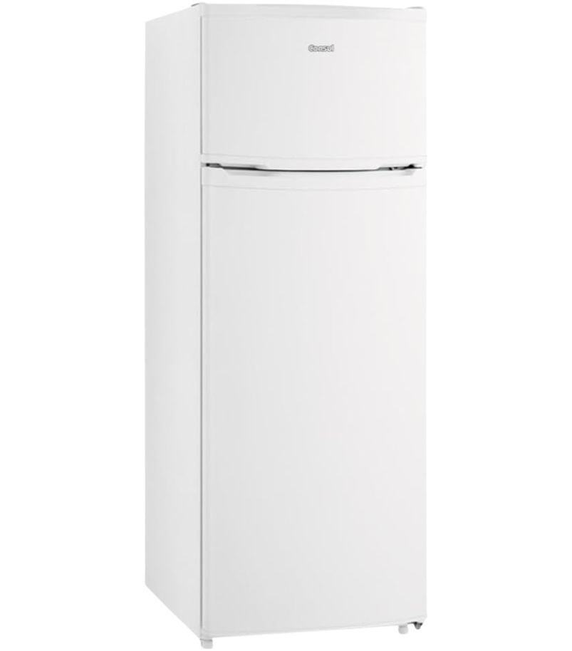 Geladeira-Consul-CRD37EB Geladeira Consul branca duplex com freezer na parte superior.nModelo compacto, duas portas e puxador embutido.nDesign simples e funcional para cozinhas pequenas.
