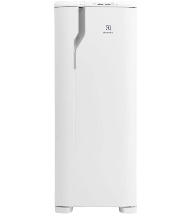 Geladeira Electrolux -RE31 Geladeira Electrolux branca de uma porta, com design compacto e acabamento liso. Modelo vertical com puxador embutido e pés elevados. Geladeira simples ideal para cozinhas pequenas ou uso individual.