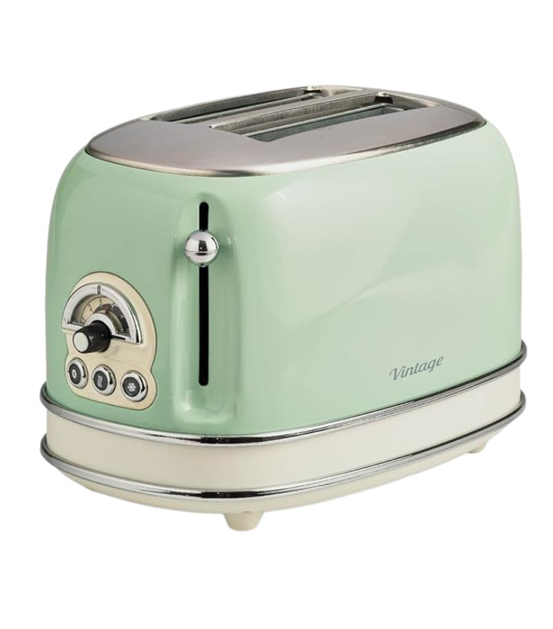 Torradeira-Ariete-Vintage Torradeira Ariete Vintage na cor verde claro, com design retrô e acabamento brilhante. Possui duas aberturas superiores para pão, alavanca lateral cromada e painel frontal com seletor de tostagem e botões circulares. Base com pés arredondados e detalhes em tom creme.