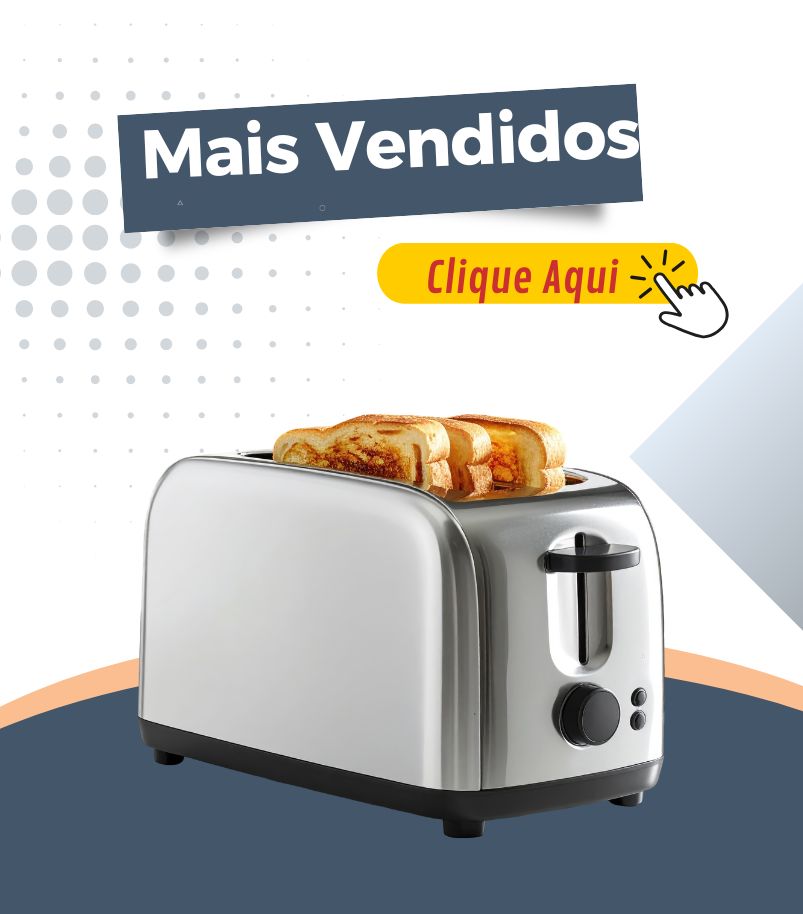 banner-torradeiras-eletricas-mais-vendidas Banner promocional com torradeira elétrica em inox sobre fundo gráfico, exibindo duas fatias de pão douradas parcialmente elevadas. O aparelho possui seletor giratório lateral e alavanca frontal. Texto “Mais Vendidos” e botão amarelo “Clique Aqui” aparecem no topo do banner.