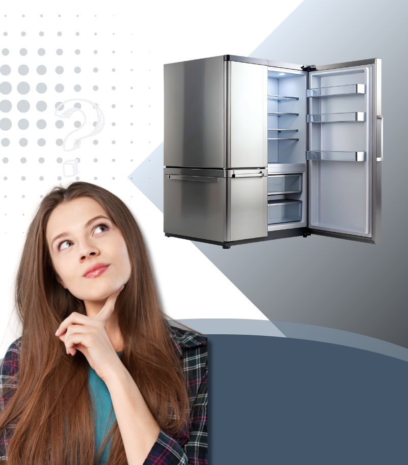 como-escolher-geladeira Mulher pensativa ao lado de geladeira moderna aberta.nImagem ilustrativa sobre escolha de geladeira ideal.nComparação visual para decisão de compra.