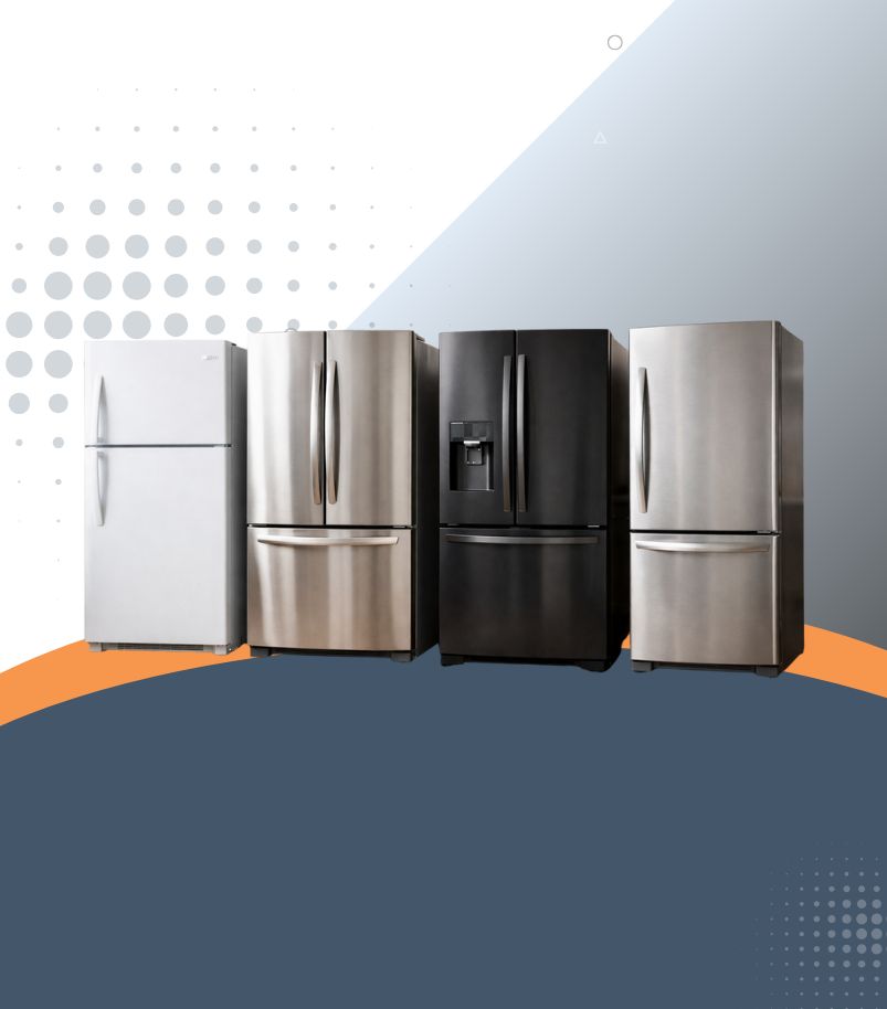 Diferentes modelos de geladeiras lado a lado, incluindo duplex, inverse e french door
