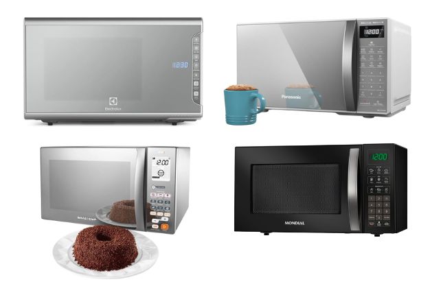 Imagem comparativa com três micro-ondas de marcas diferentes: Brastemp em inox com bolo à frente, Mondial preto com painel digital e Panasonic inox com xícara ao lado. Os aparelhos estão posicionados em layout gráfico, representando comparação entre modelos. Fundo claro com elementos geométricos decorativos.