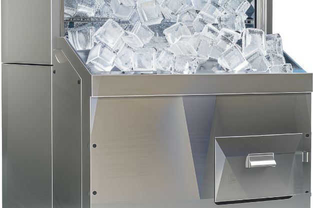 Dispenser de gelo da geladeira com cubos de gelo prontos para uso