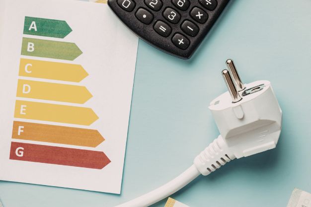 Classificação de eficiência energética com selo de A a G ao lado de plugue elétrico