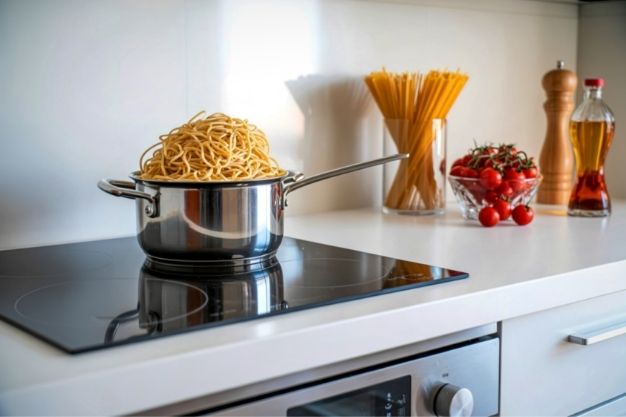 Fogão de indução com cooktop de vidro preto, exibindo panela de inox com espaguete sobre a zona de aquecimento. A superfície é lisa, sem chamas visíveis, instalada em bancada branca de cozinha moderna. Ao fundo, utensílios como macarrão cru, tomates e azeite organizados sobre a bancada.
