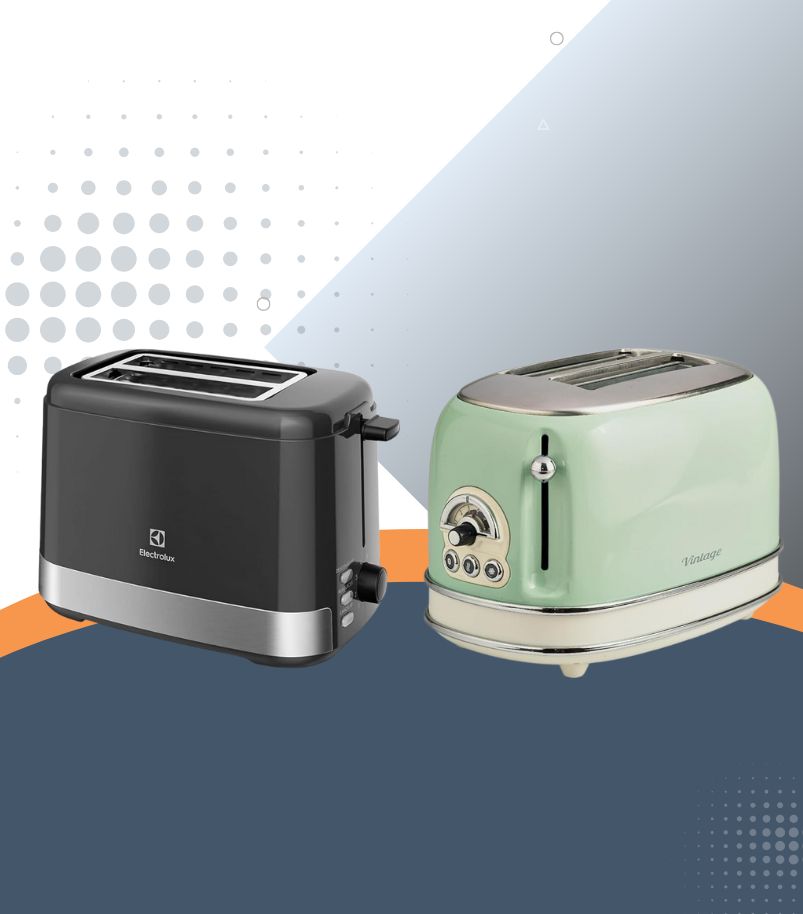 tipos-de-torradeiras Imagem comparativa com dois tipos de torradeiras elétricas: à esquerda, modelo preto moderno com acabamento fosco e controles laterais; à direita, modelo verde claro em estilo retrô com botões frontais cromados. Ambas possuem duas entradas superiores para pão. Fundo gráfico com formas geométricas em tons claros.