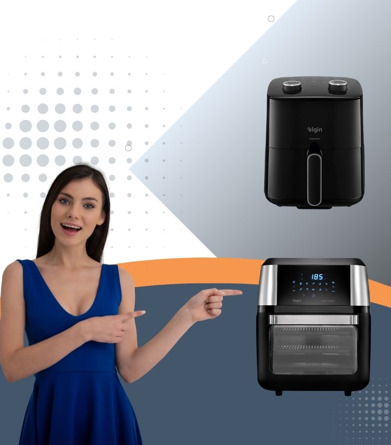 vantagens-e-desvantagens-air-fryer-Elgin Imagem comparativa com duas air fryers Elgin pretas em destaque, uma de modelo compacto com botões manuais e outra tipo oven com painel digital e porta de vidro. À esquerda, uma mulher de vestido azul aponta para os produtos. Fundo gráfico com formas geométricas e cores neutras.