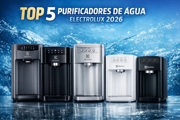 5-melhores-modelos-Electrolux Cinco purificadores de água Electrolux alinhados com fundo azul e efeito de água