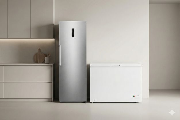 Freezer-Vertical-ou-Horizontal-qual-melhor Freezer vertical em inox ao lado de freezer horizontal branco em ambiente de cozinha