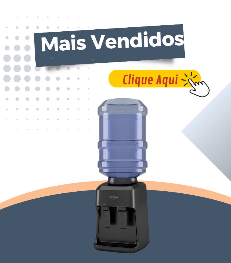 banner-bebedouros-mais-vendidos Bebedouro com galão de água azul sobre base preta em fundo gráfico