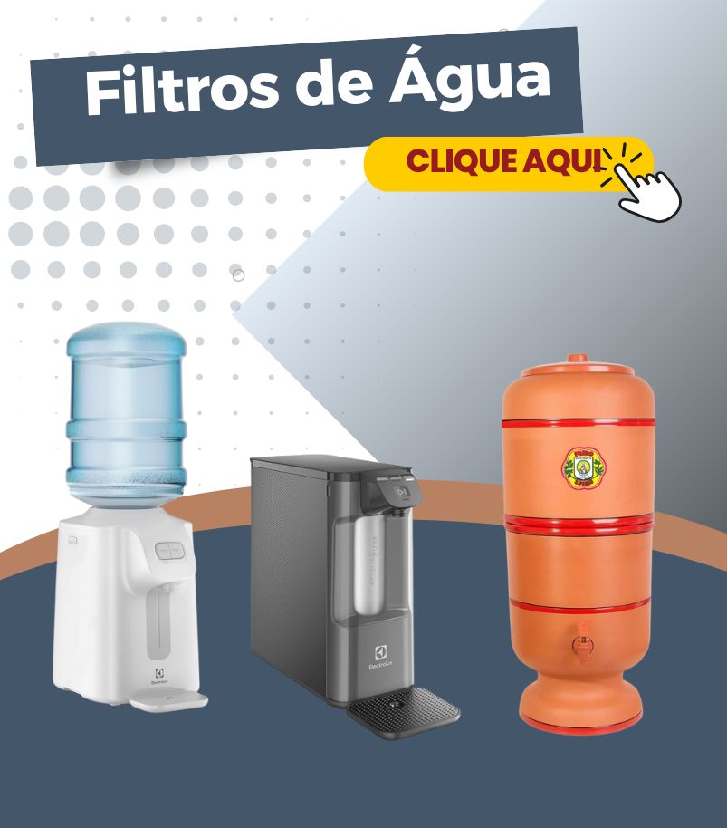 Três modelos de filtros de água exibidos lado a lado em composição gráfica