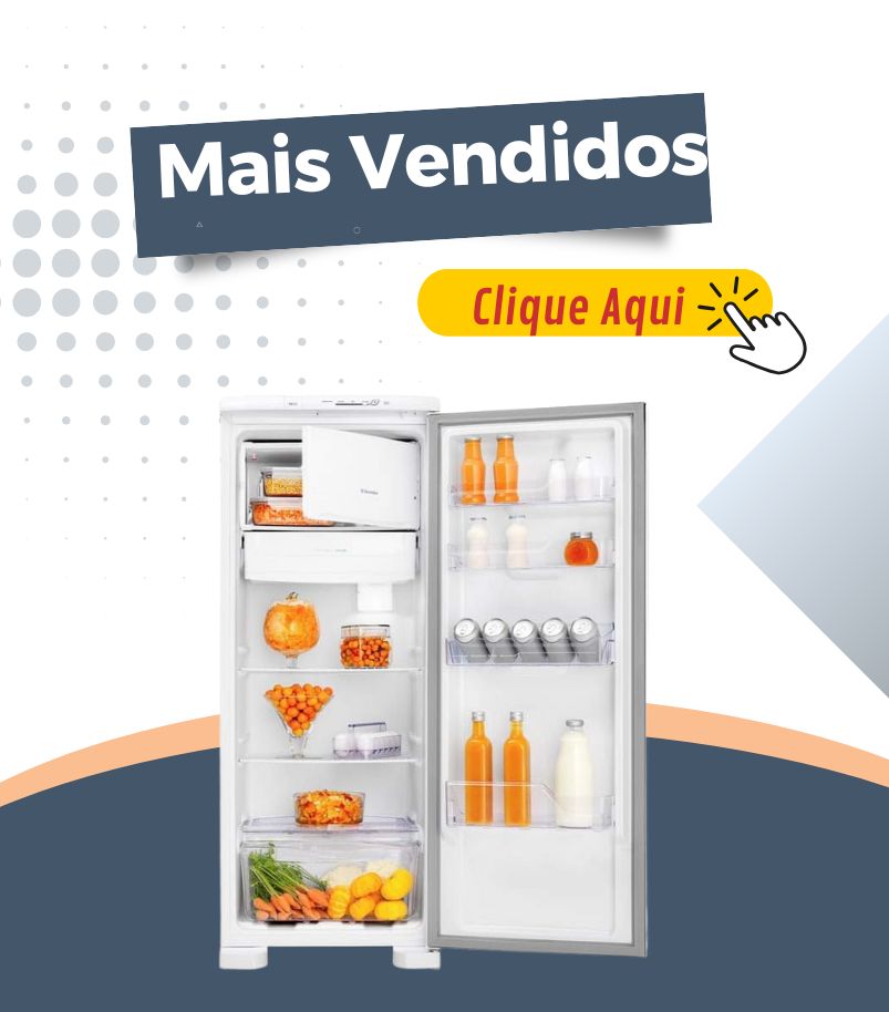 banner-freezer-mais-vendidos Banner promocional com freezer branco aberto, alimentos organizados e textos gráficos em destaque