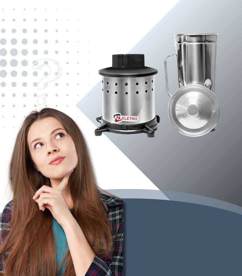 Mulher em pose de dúvida ao lado de componentes de liquidificador industrial em aço inox sobre fundo gráfico