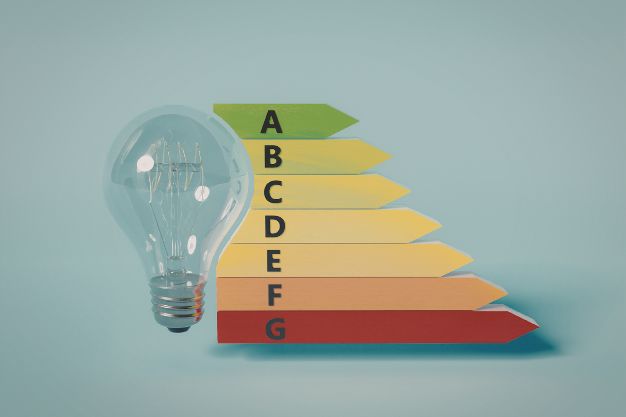 Lâmpada ao lado de escala colorida de eficiência energética de A a G