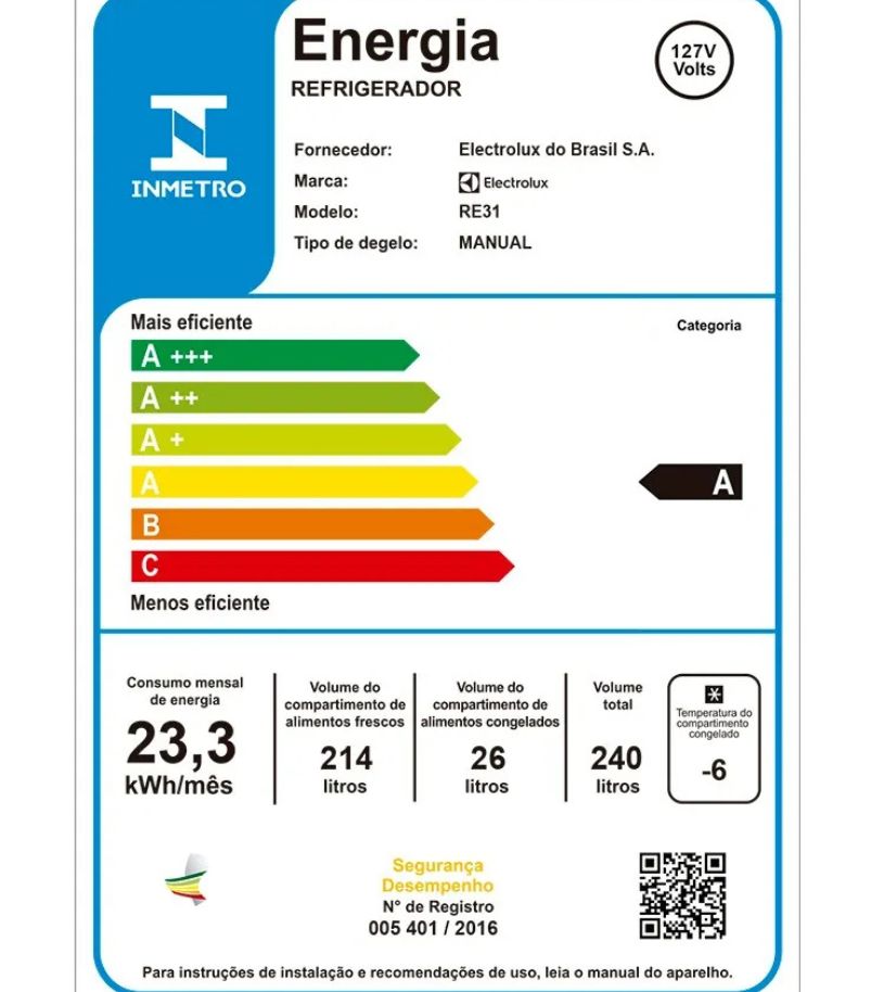 consumo-mensal-de-freezer Etiqueta do Inmetro de refrigerador com classificação A e consumo de 23,3 kWh por mês