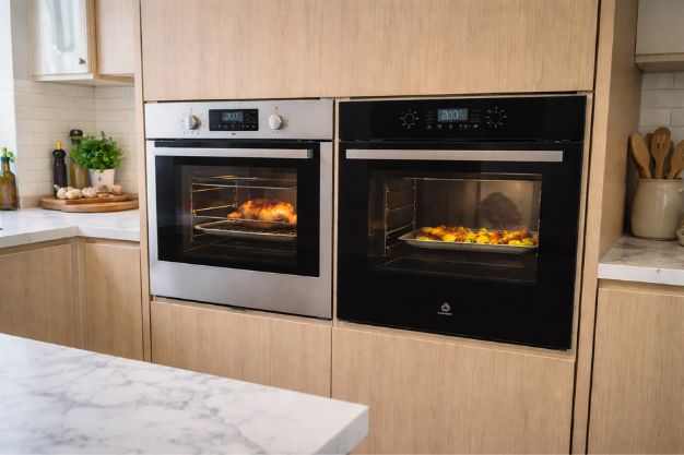 Forno elétrico de embutir Brastemp e Electrolux lado a lado em cozinha planejada moderna