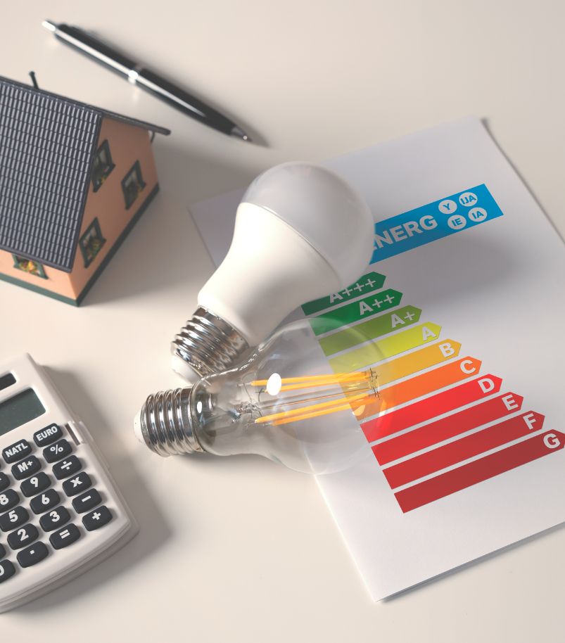 gasto-de-energia-eletrica Lâmpadas sobre folha com escala de eficiência energética e calculadora ao lado