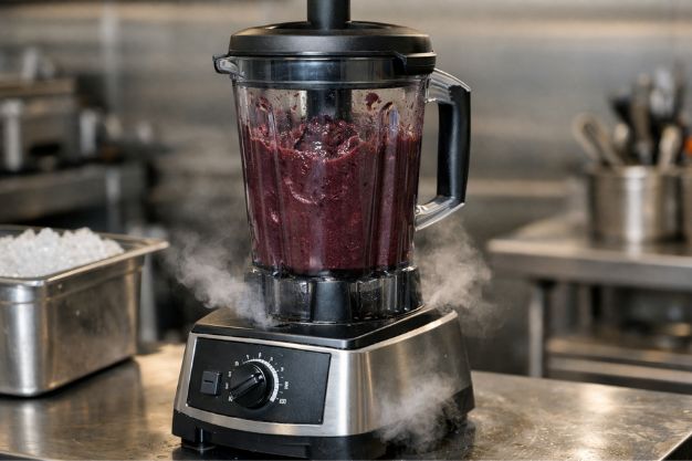 Liquidificador de alta rotação com dificuldade para processar mistura densa, evidenciando limitação em preparos mais espessos
