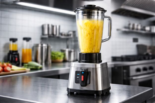 Liquidificador industrial de alta rotação em aço inox trabalhando em cozinha profissional