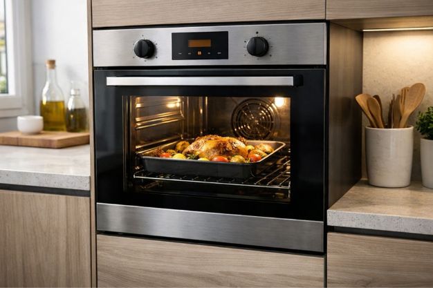 Forno elétrico de embutir 50 litros instalado em cozinha planejada moderna, com assadeira no interior e iluminação interna acesa.