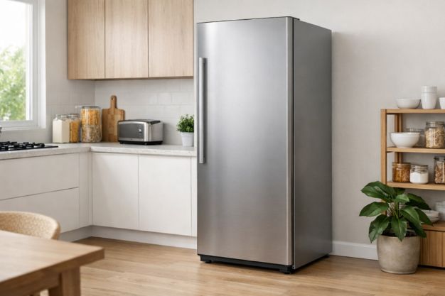 Freezer vertical inox instalado em cozinha planejada