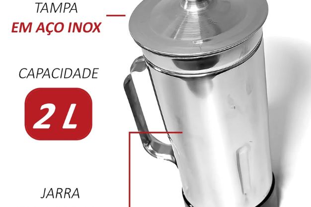 Liquidificador industrial com jarra e tampa em aço inox, com indicação gráfica de capacidade de 2 litros