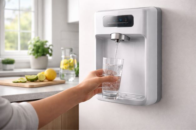Pessoa enchendo copo de água em purificador de água instalado na parede