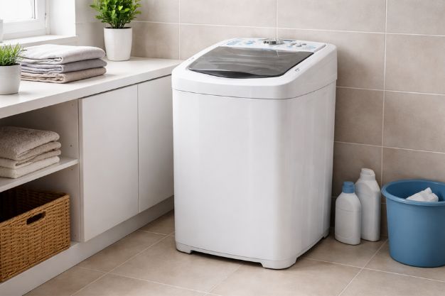 Tanquinho de lavar roupa branco em ambiente de lavanderia