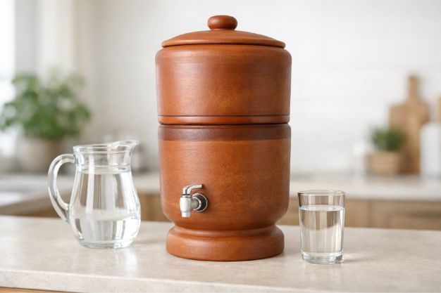 Filtro de barro tradicional em bancada de cozinha, modelo clássico entre os melhores filtros de barro para uso doméstico.