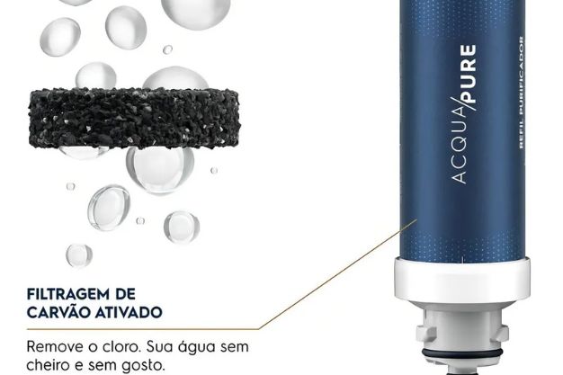 Refil Acqua Pure com camada de carvão ativado e ilustração de bolhas de água