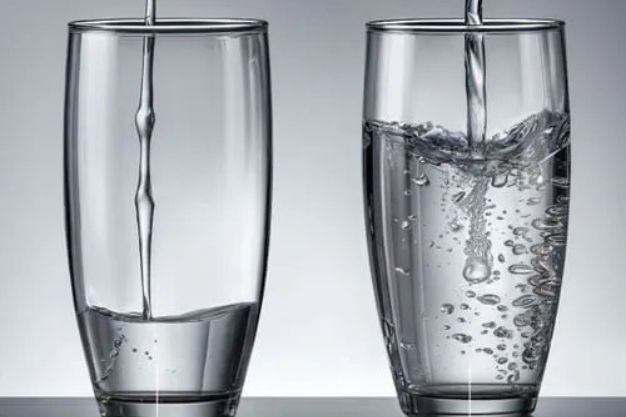 Dois copos de vidro sendo preenchidos com água, um com fluxo suave e outro com maior turbulência