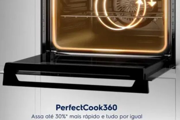 Interior de forno com ilustração de circulação de ar e texto PerfectCook360