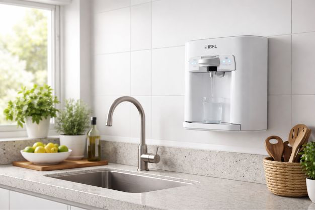Purificador de água IBBL instalado em cozinha moderna com pia e bancada clara