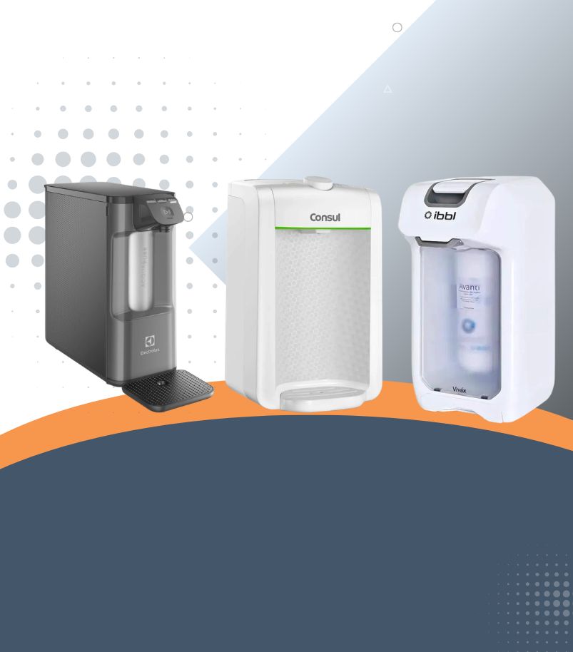 Purificadores de água de diferentes modelos exibidos lado a lado para comparação visual