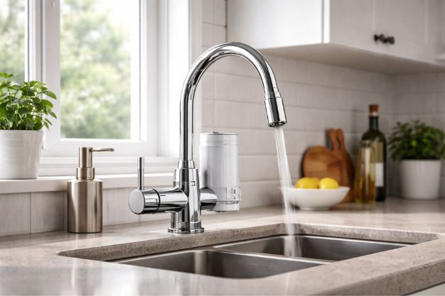 Torneira com filtro de água instalada na cozinha liberando água na pia inox